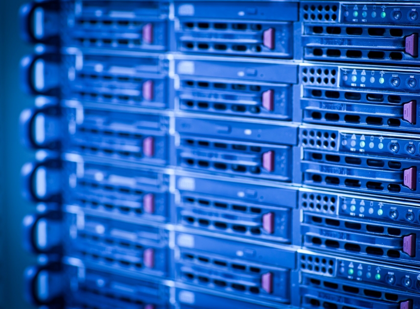 Server rack cluster in a data center (shallow DOF; color toned image)